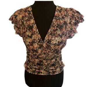 NWT House of Harlow 1960 Floral Metallic Flutter Sleeve Blouse XS
